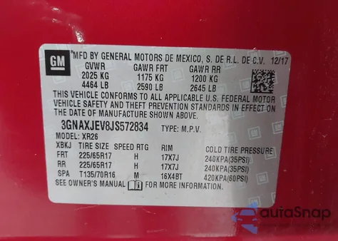 2018 Chevrolet Equinox Lt z USA, uszkodzony, nr VIN 3GNAXJEV8JS572834